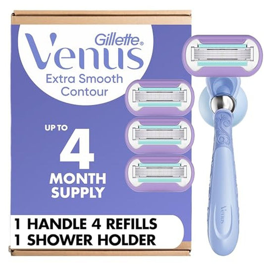 Gillette Venus Razor for Women, Extra Smooth Contour, Includes 1 Reusable Razor Handle + 4 Count 5-Bladed Razor Refills, with Flexiball Pivoting Handle and Shower Holder