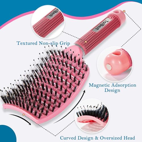 Boar Bristle Hair Brush Set for Fine, Thick, Curly Hair - Curved & Vented Detangler for Men, Women, Kids