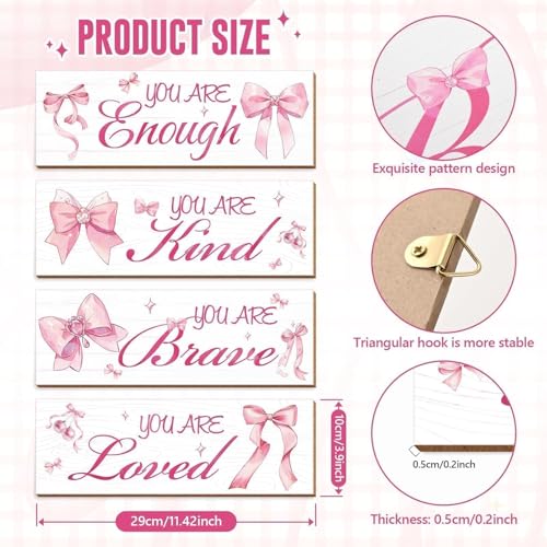 4-Piece Pink Bow Wall Decor Set with Positive Affirmations