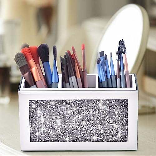 Amezey Mirrored Makeup Brush Holder with Crushed Diamonds, 3 Compartments
