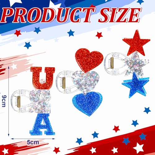Patriotic Hair Claw Clips Set - 3 Glittery Red White Blue Hair Accessories for Independence Day
