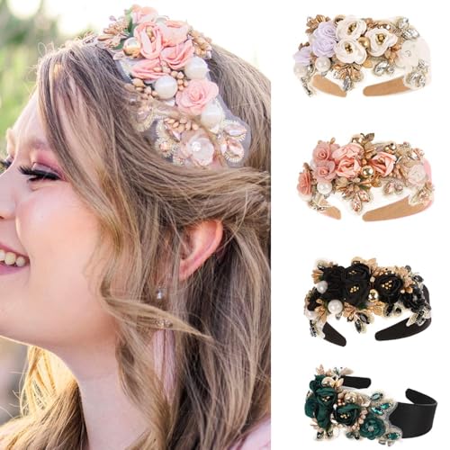 TURTLEDOVE Pink Baroque Floral Rhinestone Headband for Weddings