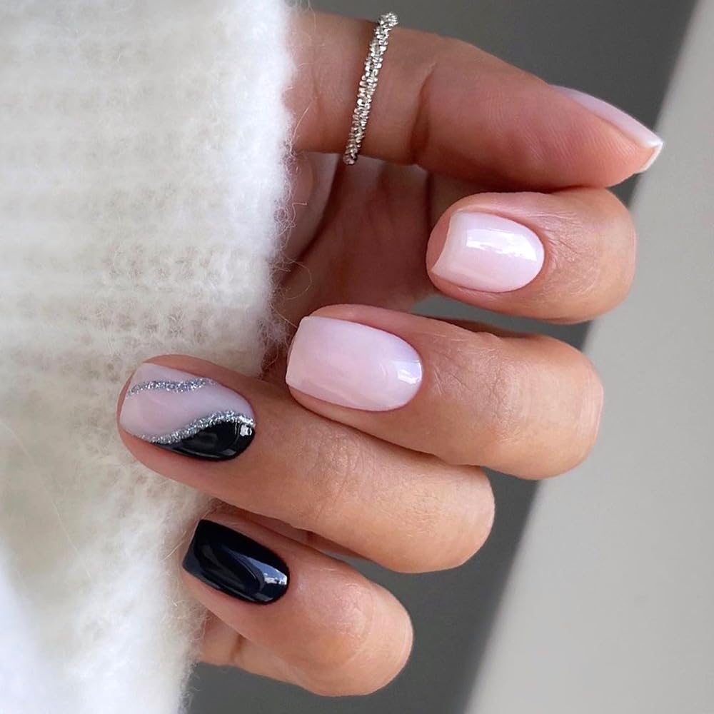 Cat Eye French Tip Press-On Nails - Nude & Pink Short Almond | Reusable Glue-On Nails with Gold Line for Weddings & Parties