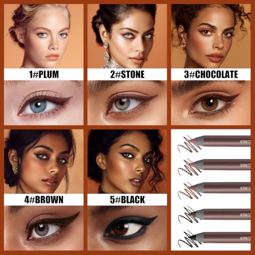 Pinkiou Waterproof Eyeliner Pencil Set - 5 Colors: Plum, Stone, Chocolate, Brown, Black