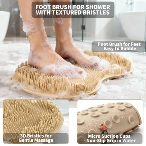 Merleu Khaki Shower Foot Scrubber Mat with Massage Brushes