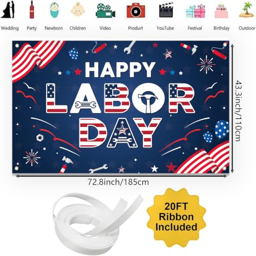 Happy Labor Day Banner Backdrop - 43.3x72.8 Inch Polyester Sign with Grommets & Rope for BBQ Party Decorations