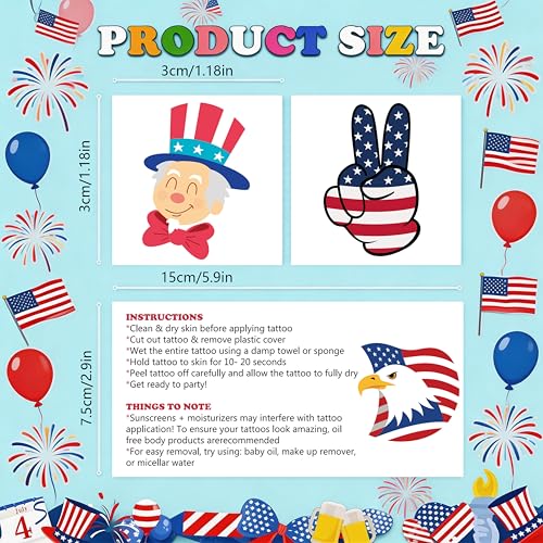 4th of July Temporary Tattoos Set - 150 USA Patriotic Designs
