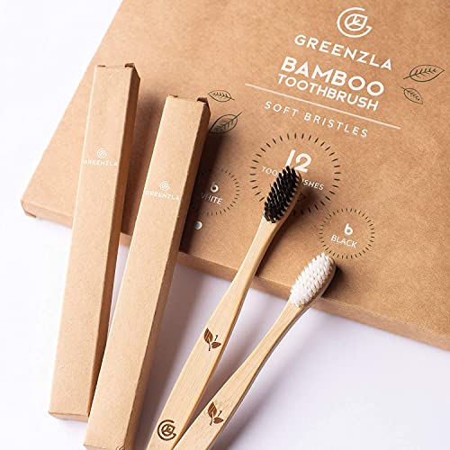 Greenzla Organic Bamboo Toothbrush Set – 12 Pack with Charcoal Bristles