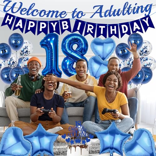 Blue Happy 18th Birthday Decorations Kit - 31 Pcs Balloons & Banner