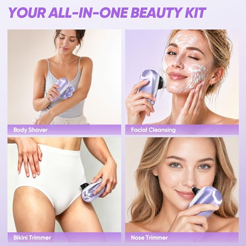 Electric Shaver for Women, Electric Razor with 7D Magnetic Shaver Heads, Wet Dry Waterproof Bald Head Trimmer Kit for Women & Men, Nose Ear Hair Trimmer, USB Rechargeable Clippers, Purple
