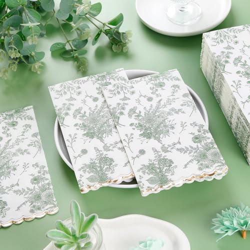 80 Pcs Green Floral Disposable Napkins with Gold Foil - Vintage Style