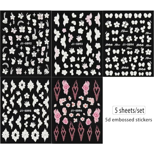 5D White Flower & Butterfly Nail Stickers - Self-Adhesive Decals