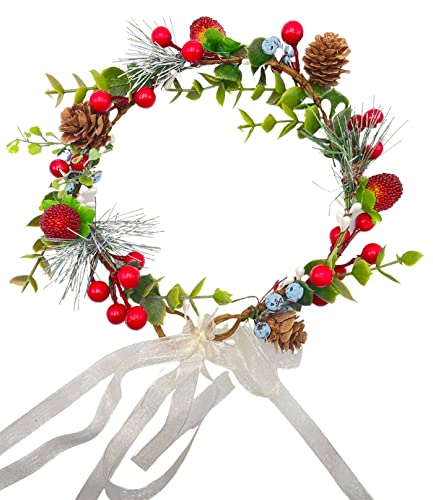 Handmade Christmas Flower Crown Wreath for Women - Berry Garland Headpiece