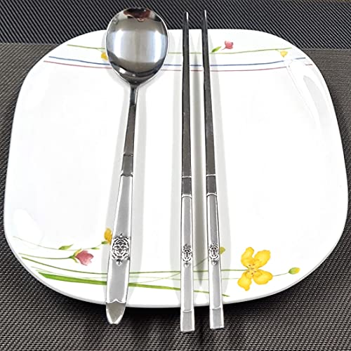 Korean Traditional Stainless Steel Spoon & Chopsticks Set - Silver Turtle