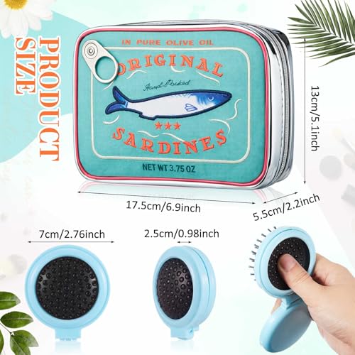 Reginary Blue Sardine Design Makeup Bag with Folding Mirror & Brush, Compact & Waterproof