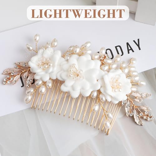Handmade Pearl Rhinestone Wedding Hair Comb with 3 White Flowers