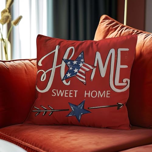 Patriotic Pillow Covers Set of 4 - 18x18 Inch Red, White & Blue