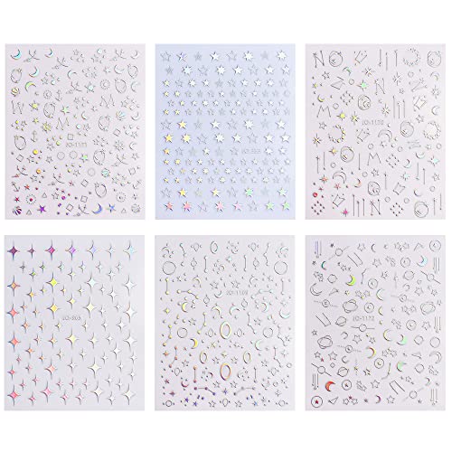 Dornail Silver Star Moon Planet Nail Stickers - 6 Sheets Holographic DIY Nail Decals