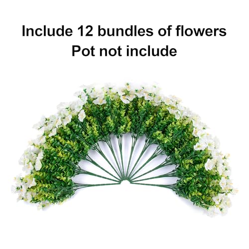 12 Bundles of White Silk Morning Glory Flowers with Eucalyptus - UV Resistant Faux Plants for Outdoor Decoration