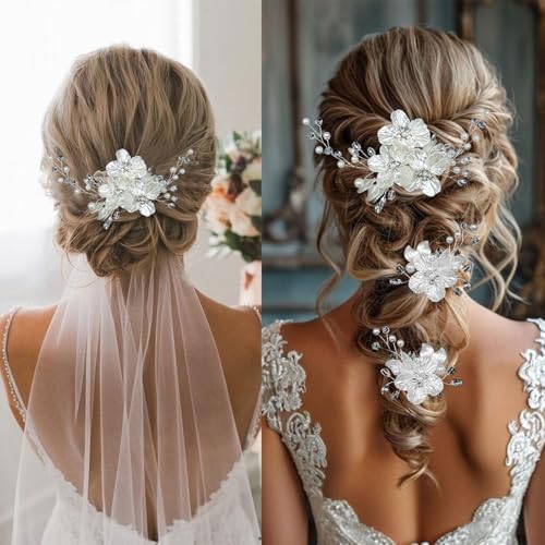 Supgoodom Glitter Emboss White Flower Bridal Hair Clips & Pins Set - Crystal Pearl Wedding Accessories