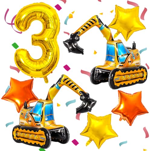Construction Birthday Balloon Set - Excavator & Star Foil Balloons for 3rd Birthday Party