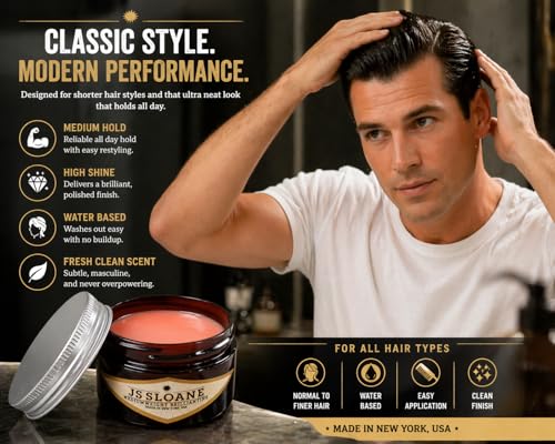 JS Sloane Mediumweight Water-Based Hair Pomade - Medium Hold, High Shine, 4 oz