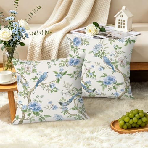 Blue Green Bird Floral Velvet Throw Pillow Covers - Set of 2, 18x18