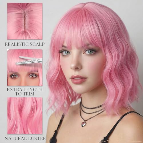 Light Pink Wavy Bob Wig with Bangs - 14 Inch Shoulder Length