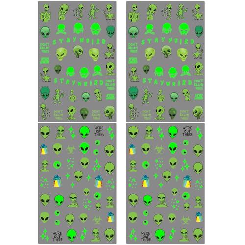 Glow in the Dark Alien Nail Art Stickers - 4 Self-Adhesive Sheets