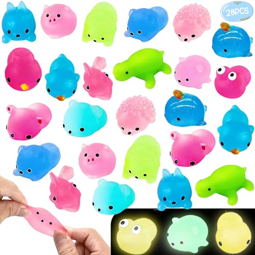 Glow in the Dark Mochi Squishy Toys - 28 Pack Animal Stress Relief Set