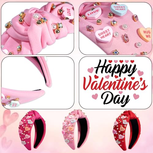 Pink & Rose Red Valentine's Day Headbands for Women Girls Knot Rhinestone Heart Accessories, 2 Pack