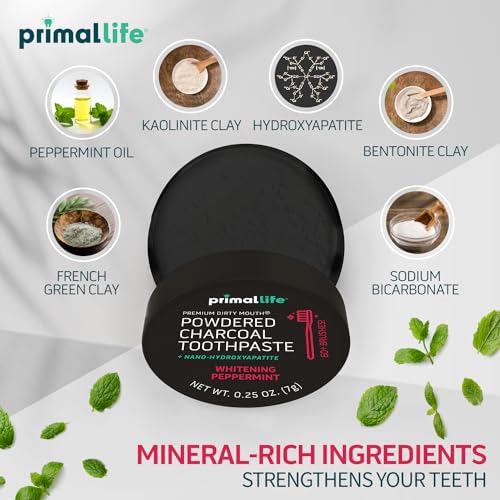 Primal Life Organics Dirty Mouth Toothpowder - Vegan Charcoal Powder with Essential Oils, 0.25oz