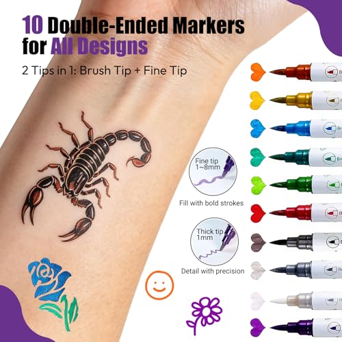 Joyeee Temporary Tattoo Marker Set, 10 Metallic Pens & 139 Stencils