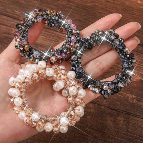 Unicra Pearl & Rhinestone Hair Ties Beaded Scrunchies Pack of 3 for Women