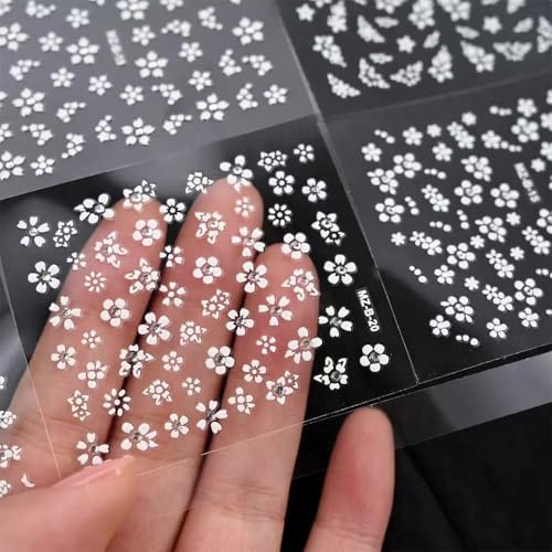 White Flower Nail Art Stickers - 30 Sheets Self-Adhesive 3D Flower Decals for Nails & Crafts
