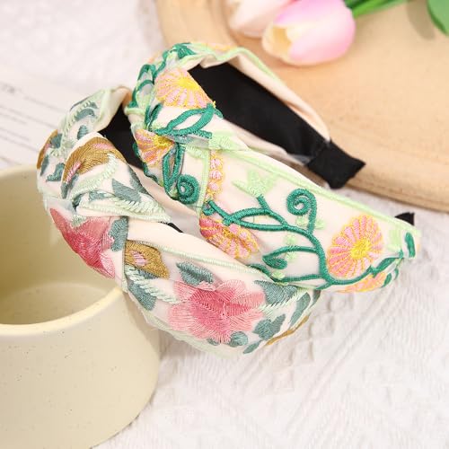 TURTLEDOVE Green Floral Embroidered Headband - Knotted Wide Hair Accessory