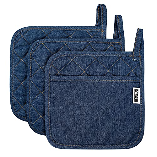 Lifaith 8-Inch Denim Potholders Set of 3 | Heat Resistant Cotton Hot Pads
