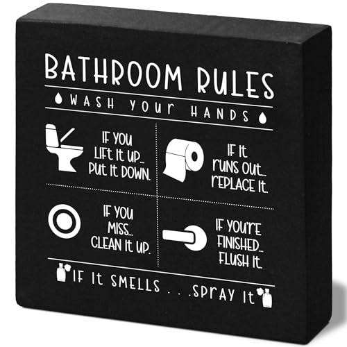 Funny Bathroom Rules Wooden Box Sign - 5x5 Rustic Home Decor
