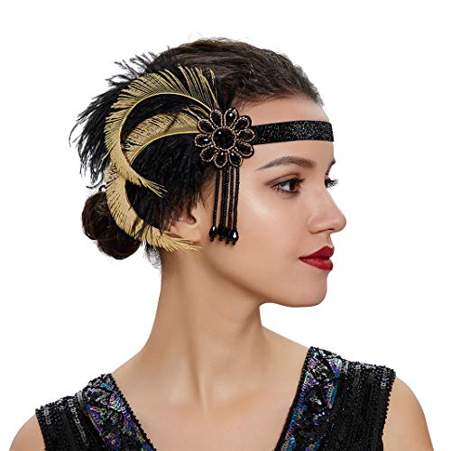 B-yellow Roaring 20s Great Gatsby Flapper Headband with Feather – Women’s Art Deco Hair Accessory