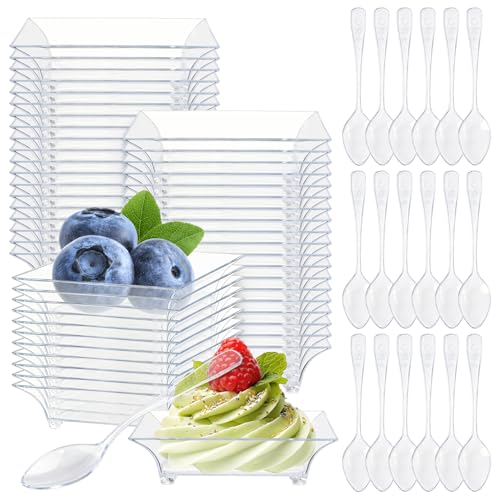 50 Pack Mini Dessert Plates with Spoons | Clear Disposable Appetizer Plates