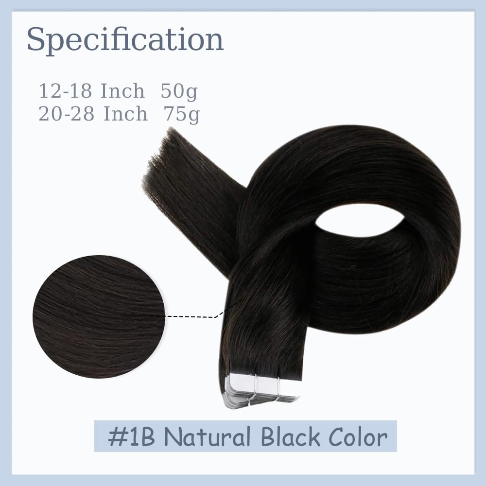 Tape In Hair Extensions 18 Inch Color 1B Straight Hair Extensions Double Weft VirgIn Soft And Silky Remy Invisible Natural Black Color