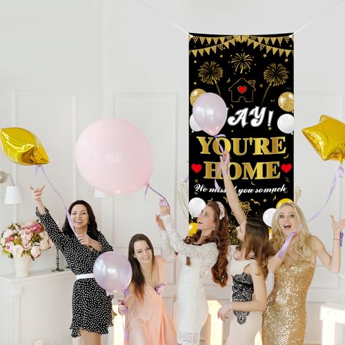 Welcome Home Banner - Black and Gold Party Decoration 70.8x35.4in
