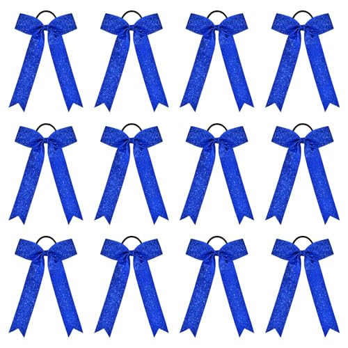 DEEKA Royal Blue Glitter Cheer Bows - 12 Pack Long Tail Ponytail Holders