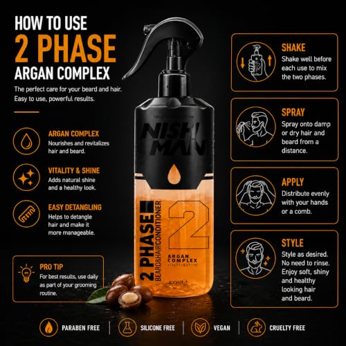 NISHMAN 2-Phase Argan Hair & Beard Conditioner Spray 400ml – Deep Nourishing & Shine