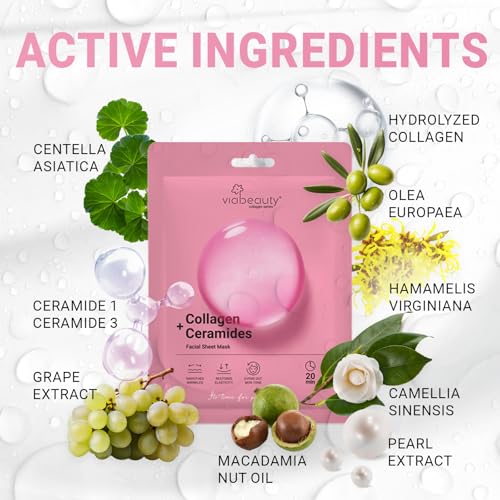 VIABEAUTY 12 Pack Collagen Face Mask with Ceramides - Rejuvenating Sheet Mask for All Skin Types