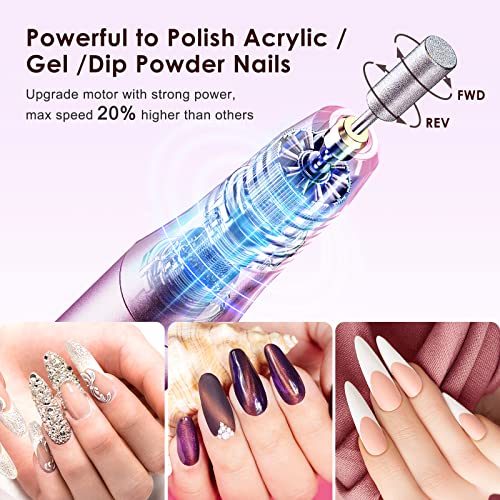 COSLUS C20 Cordless Nail Drill Electric File: Professional for Acrylic Gel Dip Powder Nails, Portable All-in-One Nail Drill Machine Kit for Manicure & Pedicure, Rechargeable Lightweight, Purple