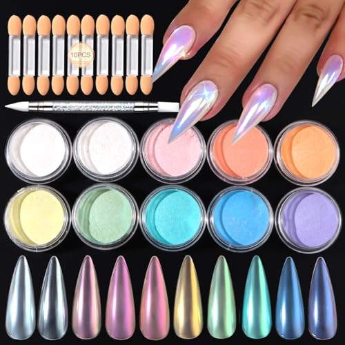 SUTOZMIWE 10 Colors Aurora Mermaid Pearl Chrome Nail Powder - Iridescent Aurora Effect