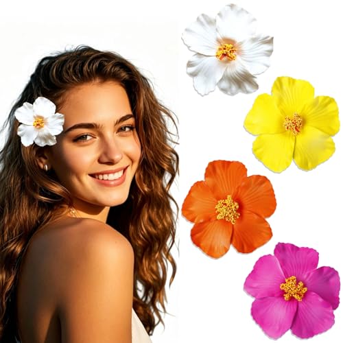 4 Pcs Hawaiian Flower Hair Clips - Tropical Hibiscus Accessories