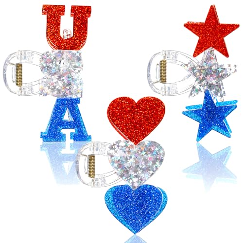 Patriotic Hair Claw Clips Set - 3 Glittery Red White Blue Hair Accessories for Independence Day