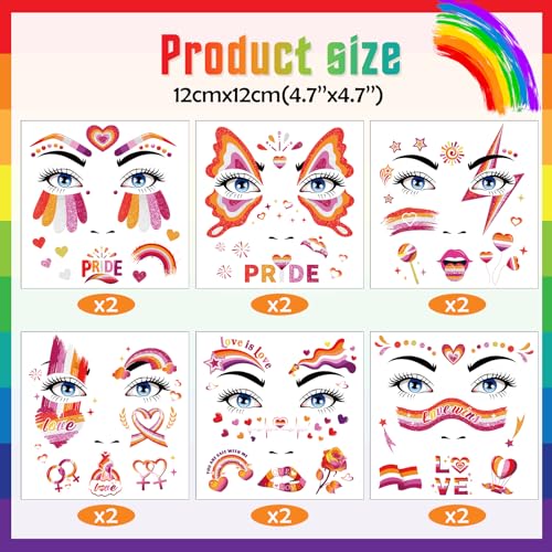 HOWAF 12pcs LGBTQ Pride Glitter Face Tattoos for Pride Month & Parades